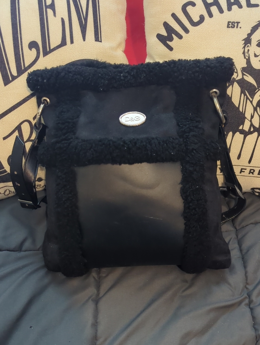 D&G Dolce And Gabbana Black Shearling-Trim Fur Crossbody Bag
